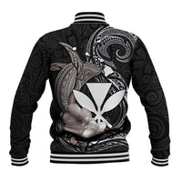 Hawaiian Whale and Kanaka Maoli Symbol Baseball Jacket Hibiscus with Hawaii Map and Polynesian Tattoo Grayscale Color
