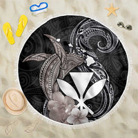 Hawaiian Whale and Kanaka Maoli Symbol Beach Blanket Hibiscus with Hawaii Map and Polynesian Tattoo Grayscale Color