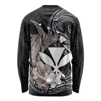 Hawaiian Whale and Kanaka Maoli Symbol Long Sleeve Shirt Hibiscus with Hawaii Map and Polynesian Tattoo Grayscale Color