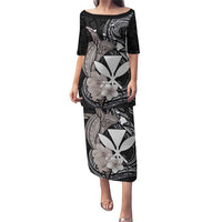 Hawaiian Whale and Kanaka Maoli Symbol Puletasi Hibiscus with Hawaii Map and Polynesian Tattoo Grayscale Color