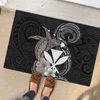 Hawaiian Whale and Kanaka Maoli Symbol Rubber Doormat Hibiscus with Hawaii Map and Polynesian Tattoo Grayscale Color