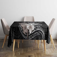 Hawaiian Whale and Kanaka Maoli Symbol Tablecloth Hibiscus with Hawaii Map and Polynesian Tattoo Grayscale Color