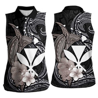 Hawaiian Whale and Kanaka Maoli Symbol Women Sleeveless Polo Shirt Hibiscus with Hawaii Map and Polynesian Tattoo Grayscale Color