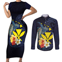 Hawaiian Whale and Kanaka Maoli Symbol Couples Matching Short Sleeve Bodycon Dress and Long Sleeve Button Shirt Hibiscus with Hawaii Map and Polynesian Tattoo Deep Sea Color