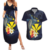 Hawaiian Whale and Kanaka Maoli Symbol Couples Matching Summer Maxi Dress and Hawaiian Shirt Hibiscus with Hawaii Map and Polynesian Tattoo Deep Sea Color