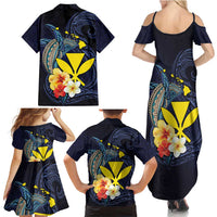 Hawaiian Whale and Kanaka Maoli Symbol Family Matching Summer Maxi Dress and Hawaiian Shirt Hibiscus with Hawaii Map and Polynesian Tattoo Deep Sea Color