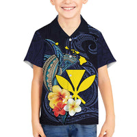 Hawaiian Whale and Kanaka Maoli Symbol Kid Hawaiian Shirt Hibiscus with Hawaii Map and Polynesian Tattoo Deep Sea Color