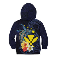 Hawaiian Whale and Kanaka Maoli Symbol Kid Hoodie Hibiscus with Hawaii Map and Polynesian Tattoo Deep Sea Color