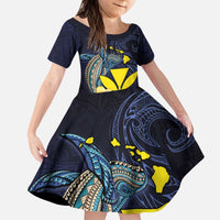 Hawaiian Whale and Kanaka Maoli Symbol Kid Short Sleeve Dress Hibiscus with Hawaii Map and Polynesian Tattoo Deep Sea Color
