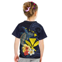 Hawaiian Whale and Kanaka Maoli Symbol Kid T Shirt Hibiscus with Hawaii Map and Polynesian Tattoo Deep Sea Color