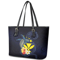 Hawaiian Whale and Kanaka Maoli Symbol Leather Tote Bag Hibiscus with Hawaii Map and Polynesian Tattoo Deep Sea Color
