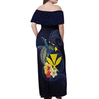 Hawaiian Whale and Kanaka Maoli Symbol Off Shoulder Maxi Dress Hibiscus with Hawaii Map and Polynesian Tattoo Deep Sea Color