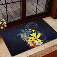 Hawaiian Whale and Kanaka Maoli Symbol Rubber Doormat Hibiscus with Hawaii Map and Polynesian Tattoo Deep Sea Color