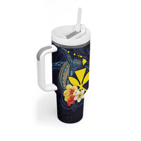 Hawaiian Whale and Kanaka Maoli Symbol Tumbler With Handle Hibiscus with Hawaii Map and Polynesian Tattoo Deep Sea Color
