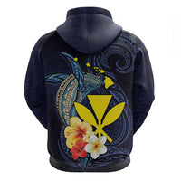 Hawaiian Whale and Kanaka Maoli Symbol Zip Hoodie Hibiscus with Hawaii Map and Polynesian Tattoo Deep Sea Color