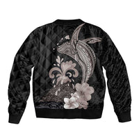 Hawaiian Whale and Volcanic Eruption Bomber Jacket Hibiscus and Kakau Pattern Grayscale Color