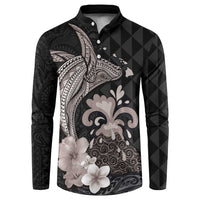 Hawaiian Whale and Volcanic Eruption Button Sweatshirt Hibiscus and Kakau Pattern Grayscale Color