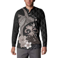 Hawaiian Whale and Volcanic Eruption Button Sweatshirt Hibiscus and Kakau Pattern Grayscale Color