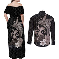 Hawaiian Whale and Volcanic Eruption Couples Matching Off Shoulder Maxi Dress and Long Sleeve Button Shirt Hibiscus and Kakau Pattern Grayscale Color
