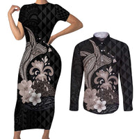 Hawaiian Whale and Volcanic Eruption Couples Matching Short Sleeve Bodycon Dress and Long Sleeve Button Shirt Hibiscus and Kakau Pattern Grayscale Color