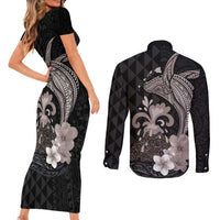 Hawaiian Whale and Volcanic Eruption Couples Matching Short Sleeve Bodycon Dress and Long Sleeve Button Shirt Hibiscus and Kakau Pattern Grayscale Color