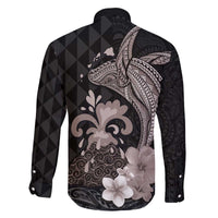 Hawaiian Whale and Volcanic Eruption Family Matching Puletasi and Hawaiian Shirt Hibiscus and Kakau Pattern Grayscale Color