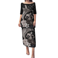 Hawaiian Whale and Volcanic Eruption Family Matching Puletasi and Hawaiian Shirt Hibiscus and Kakau Pattern Grayscale Color