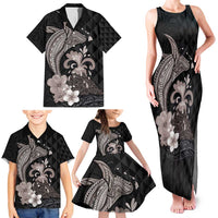 Hawaiian Whale and Volcanic Eruption Family Matching Tank Maxi Dress and Hawaiian Shirt Hibiscus and Kakau Pattern Grayscale Color