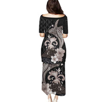 Hawaiian Whale and Volcanic Eruption Puletasi Hibiscus and Kakau Pattern Grayscale Color