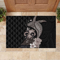 Hawaiian Whale and Volcanic Eruption Rubber Doormat Hibiscus and Kakau Pattern Grayscale Color