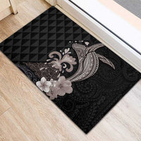 Hawaiian Whale and Volcanic Eruption Rubber Doormat Hibiscus and Kakau Pattern Grayscale Color