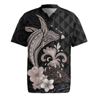Hawaiian Whale and Volcanic Eruption Rugby Jersey Hibiscus and Kakau Pattern Grayscale Color