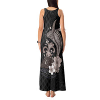 Hawaiian Whale and Volcanic Eruption Tank Maxi Dress Hibiscus and Kakau Pattern Grayscale Color