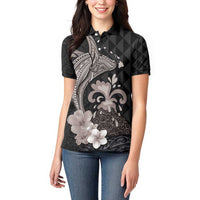 Hawaiian Whale and Volcanic Eruption Women Polo Shirt Hibiscus and Kakau Pattern Grayscale Color