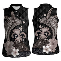 Hawaiian Whale and Volcanic Eruption Women Sleeveless Polo Shirt Hibiscus and Kakau Pattern Grayscale Color
