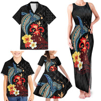 Hawaiian Whale and Volcanic Eruption Family Matching Tank Maxi Dress and Hawaiian Shirt Hibiscus and Kakau Pattern