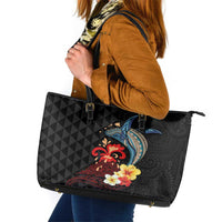 Hawaiian Whale and Volcanic Eruption Leather Tote Bag Hibiscus and Kakau Pattern