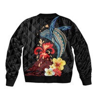 Hawaiian Whale and Volcanic Eruption Sleeve Zip Bomber Jacket Hibiscus and Kakau Pattern