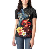 Hawaiian Whale and Volcanic Eruption Women Polo Shirt Hibiscus and Kakau Pattern