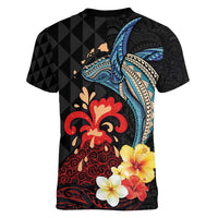 Hawaiian Whale and Volcanic Eruption Women V-Neck T-Shirt Hibiscus and Kakau Pattern