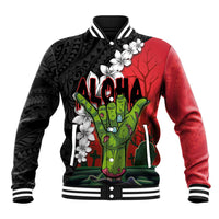 Hawaiian Halloween Baseball Jacket Horror Shaka Hand with Plumeria and Polynesian Tattoo Blood Color LT03 Unisex Red - Polynesian Pride