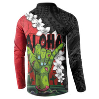 Hawaiian Halloween Button Sweatshirt Horror Shaka Hand with Plumeria and Polynesian Tattoo Blood Color LT03 - Polynesian Pride