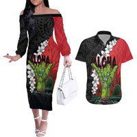 Hawaiian Halloween Couples Matching Off The Shoulder Long Sleeve Dress and Hawaiian Shirt Horror Shaka Hand with Plumeria and Polynesian Tattoo Blood Color