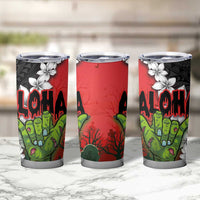 Hawaiian Halloween Tumbler Cup Horror Shaka Hand with Plumeria and Polynesian Tattoo Blood Color