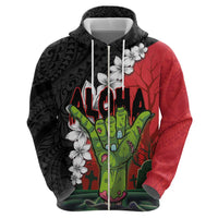 Hawaiian Halloween Zip Hoodie Horror Shaka Hand with Plumeria and Polynesian Tattoo Blood Color