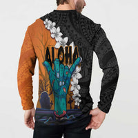 Hawaiian Halloween Button Sweatshirt Horror Shaka Hand with Plumeria and Polynesian Tattoo Autumn Color LT03 - Polynesian Pride