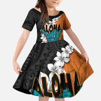 Hawaiian Halloween Family Matching Long Sleeve Bodycon Dress and Hawaiian Shirt Horror Shaka Hand with Plumeria and Polynesian Tattoo Autumn Color