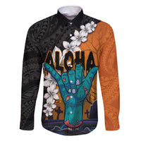 Hawaiian Halloween Family Matching Off Shoulder Short Dress and Hawaiian Shirt Horror Shaka Hand with Plumeria and Polynesian Tattoo Autumn Color