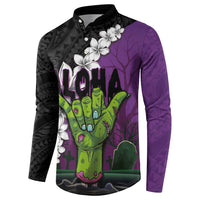Hawaiian Halloween Button Sweatshirt Horror Shaka Hand with Plumeria and Polynesian Tattoo Midnight Color LT03 - Polynesian Pride