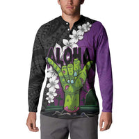 Hawaiian Halloween Button Sweatshirt Horror Shaka Hand with Plumeria and Polynesian Tattoo Midnight Color LT03 - Polynesian Pride